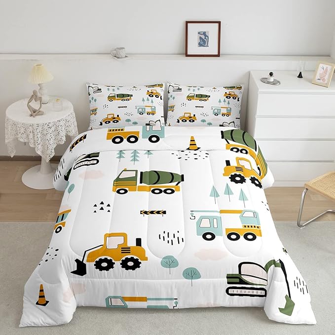 Feelyou Excavator Kids Comforter Construction Trucks Comforter Set for Boys Teens Heavy Vehicles Decor Bedding Set Cartoon Cars Green Orange Quilt Set with 1 Pillowcase 2Pcs Bedding Twin