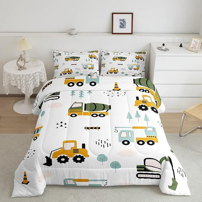 Feelyou Excavator Kids Comforter Construction Trucks Comforter Set for Boys Teens Heavy Vehicles Decor Bedding Set Cartoon Cars Green Orange Quilt Set with 1 Pillowcase 2Pcs Bedding Twin