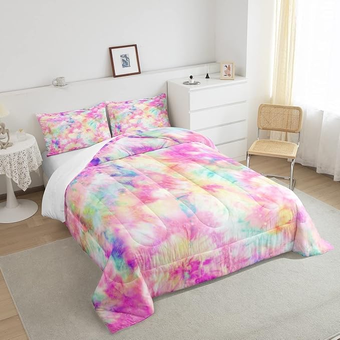 Erosebridal Kids Tie Dye Comforter Set, Bohemian Batik Down Comforter Queen Size, Boho Psychedelic Bedding Comforters for Children Girls Boys Teens Bedroom, Trippy Tattoo Watercolor Quilted Duvet