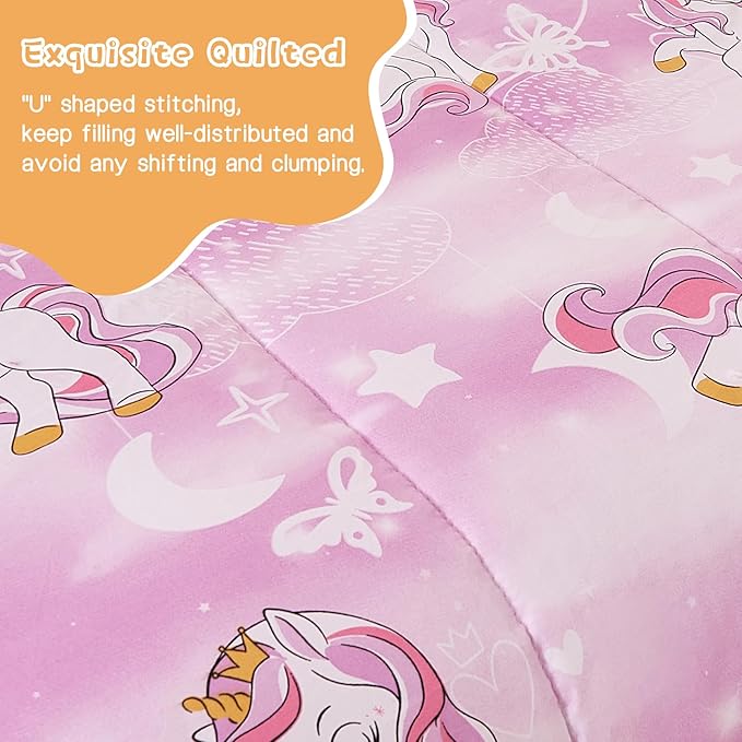 Unicorn Kids Comforter Set for Girls Full Size, Cute Reversible Quilted Lavender Printed Bedding Set with Pillow Sham, Lightweight Soft Breathable Machine Washable Bed Set 3 Piece