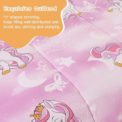 Unicorn Kids Comforter Set for Girls Full Size, Cute Reversible Quilted Lavender Printed Bedding Set with Pillow Sham, Lightweight Soft Breathable Machine Washable Bed Set 3 Piece