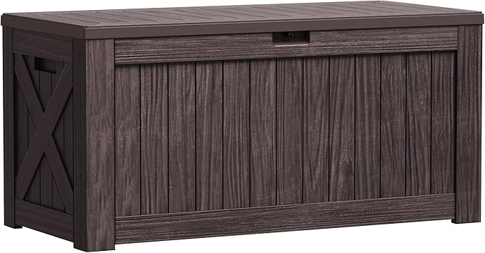 Greesum 120 Gallon Outdoor Storage Box with Lock - Large Resin Deck Box, Reinforced Lid for Garden, Patio, Lawn, Brown