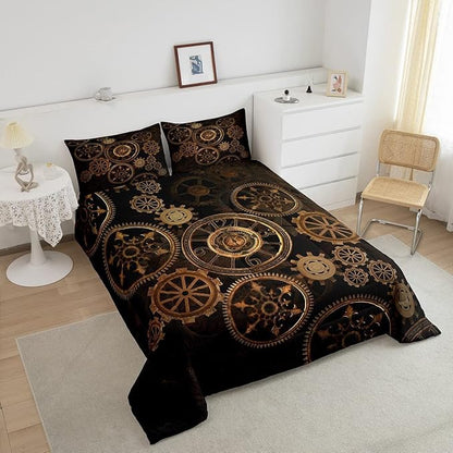 Golden Ndustrial Gear Comforter Set King Size Steampunk Style Bedding Set Clocks Theme Bedding Sets & Collections for Kids Boys Teens Men Mechanical Device Quilt Set,Retro Style Bedroom Decor