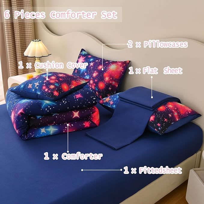 DORCAS Star Full Size Comforter Sets with Sheets for Girls Kids,6 Piece Starry Sky Bedding Set Full,All Season Down Bed in a Bag(Colorful,Full)