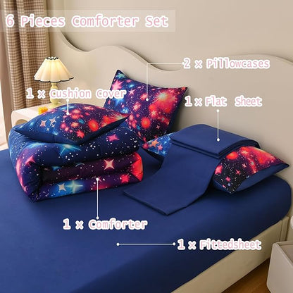 DORCAS Star Full Size Comforter Sets with Sheets for Girls Kids,6 Piece Starry Sky Bedding Set Full,All Season Down Bed in a Bag(Colorful,Full)