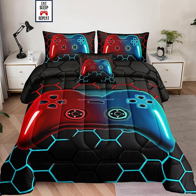 6 Pieces Bed in a Bag for Boys Bedding Sets Full Size,Gamer Comforter Sets for Boys Kids, Gaming Comforter Set for Boys Room Decor with Flat Sheet,Fitted Sheet,Pillowcase,Cushion Cover
