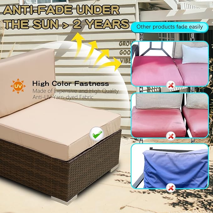 ClawsCover 9Pack Outdoor Seat and Back Cushions Replacement Covers Fit for 5 Pieces 4-Seater Wicker Rattan Furniture Patio Conversation Set Sectional Couch,Light Khaki-Include Cover Only (Large)