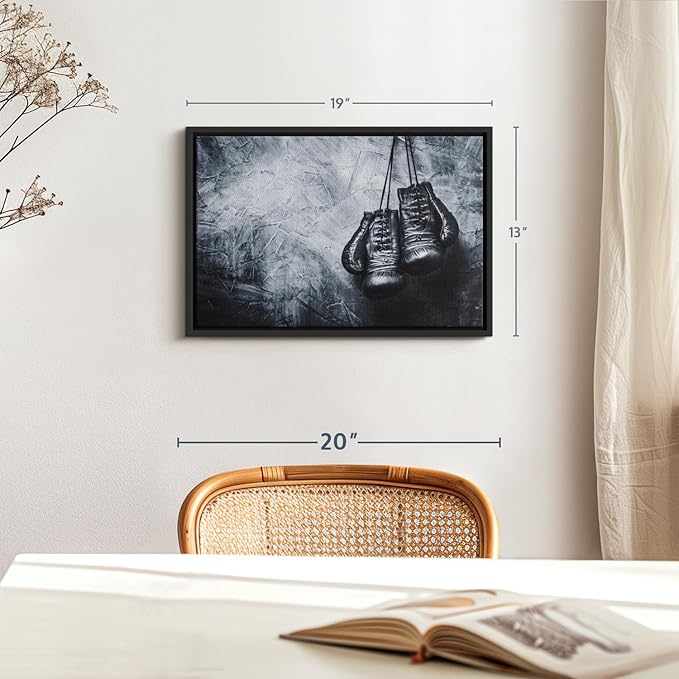 ElephantStock Boxing Gloves Wall Art - Horizontal Framed Canvas - 1-Piece Living Room Wall Decor - Photography Sports Canvas Print - Black and Gray Decor for Wall - 19" X 13"