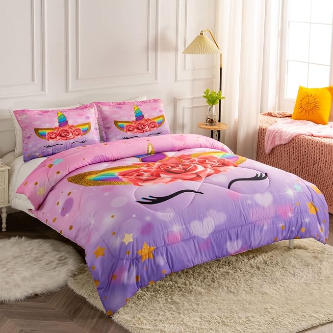 Unicorn Full Bedding Sets for Girls Kids Comforter Set Full Size with 2 Pillowcases Purple Unicorn Room Decor for Girls Bedroom Ultra Soft Machine Washable Toddler Bed Set