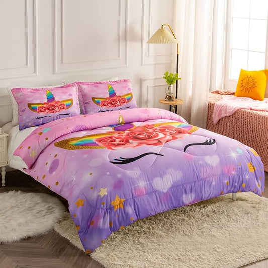 Unicorn Full Bedding Sets for Girls Kids Comforter Set Full Size with 2 Pillowcases Purple Unicorn Room Decor for Girls Bedroom Ultra Soft Machine Washable Toddler Bed Set