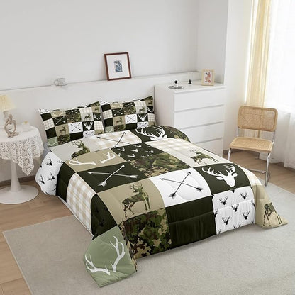 Antler Silhouette Kids Comforter Set Queen Size,Camo Green Rustic Bedding Set,Girls Boys Adults Bedroom/Xmas Decor,Geometric Plaid Patchwork Down Comforter,Arrows Boho Duvet Insert,3pcs,2 Pillowcases