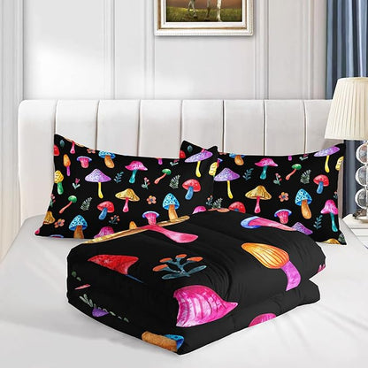 Colorful Mushroom Comforter Set Queen Size Kids Mushroom Flora Bedding Set Botanical Plant Theme Print Quilt Bed Set for Boys Girls Adults with 1 Comforter and 2 Pillowcases