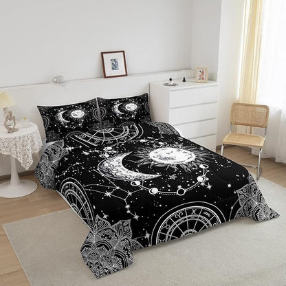 Sun and Moon Bedding Set Constellation Galaxy Comforter for Kids Boys Girls Teens Psychedelic Boho Mandala Comforter Breathable Celestial Duvet Set Black White Room Decor Quilt Cover Twin Size