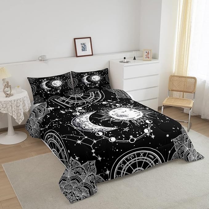 Sun and Moon Bedding Set Constellation Galaxy Comforter for Kids Boys Girls Teens Psychedelic Boho Mandala Comforter Breathable Celestial Duvet Set Black White Room Decor Quilt Cover Full Size