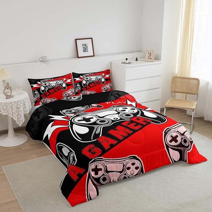 Erosebridal Gamer Comforter Sets for Boys Full Size,Gaming Bedding Sets for Boys Kids Teens Gamepad Gaming Comforter Set Game Room Decor,Red Black 3Pcs