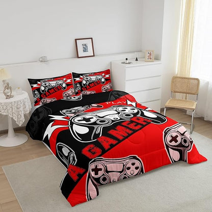 Erosebridal Gamer Comforter Sets for Boys Full Size,Gaming Bedding Sets for Boys Kids Teens Gamepad Gaming Comforter Set Game Room Decor,Red Black 3Pcs