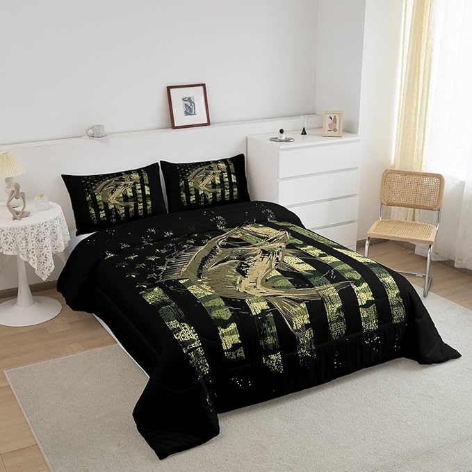 Bass Fish Comforter Set Full Size Fisherman Camouflage Bedding Set Pike Fish Camo American Flag Comforter for Women Men Fsihing Lover Room Farmhouse Fishing Bed Set Wild Quilted Set 3Pcs