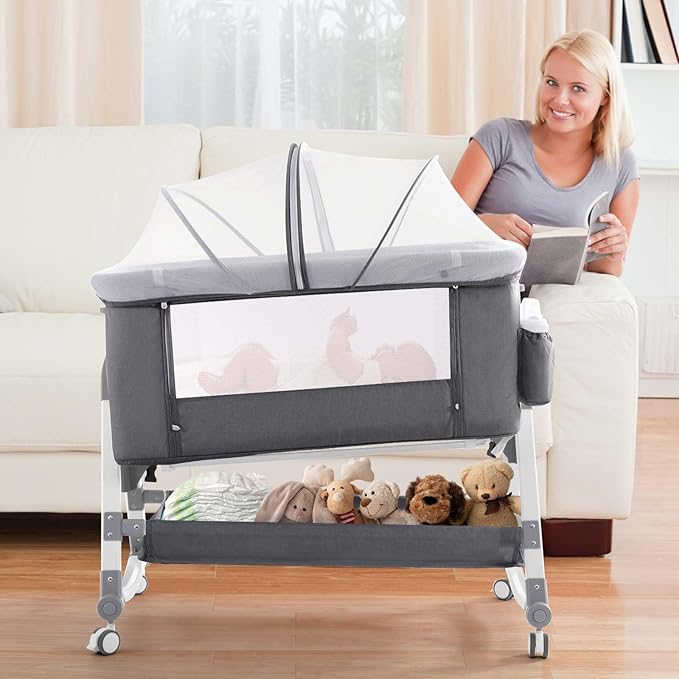 4 in 1 Baby Bassinet,Easy Folding Portable Bedside Crib with Comfy Mattress and Wheels,Height Adjustable Bassinet with Mosquito net Included,Grey