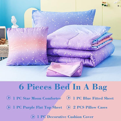 URBONUR Girls Comforter Set Full Size Gradient Purple Orange Moon Star Print Bedding Comforter with Sheets Set 6 Pcs Bed in A Bag (Comforter, Flat Sheet, Fitted Sheet, Pillowcases and Cushion Cover)