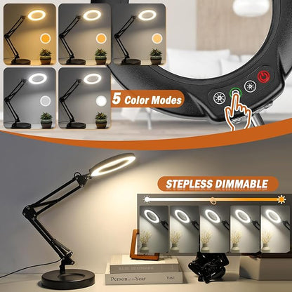 Veemagni 10X Magnifying Glass with Light, 5 Color Modes Stepless Dimmable 2-in-1 Desk Lamp and Clamp, LED Lighted Magnifier with Light and Stand, Hands Free for Craft Repair Hobby Painting Close Work