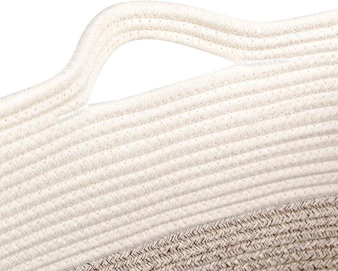 Toy Storage Baskets for Clothes Fabric Cotton Rope Storage Basket with Handles, Decorative Woven Basket for Living Room,Closet Organizer Blankets, and Toys (White Brown 2bags)