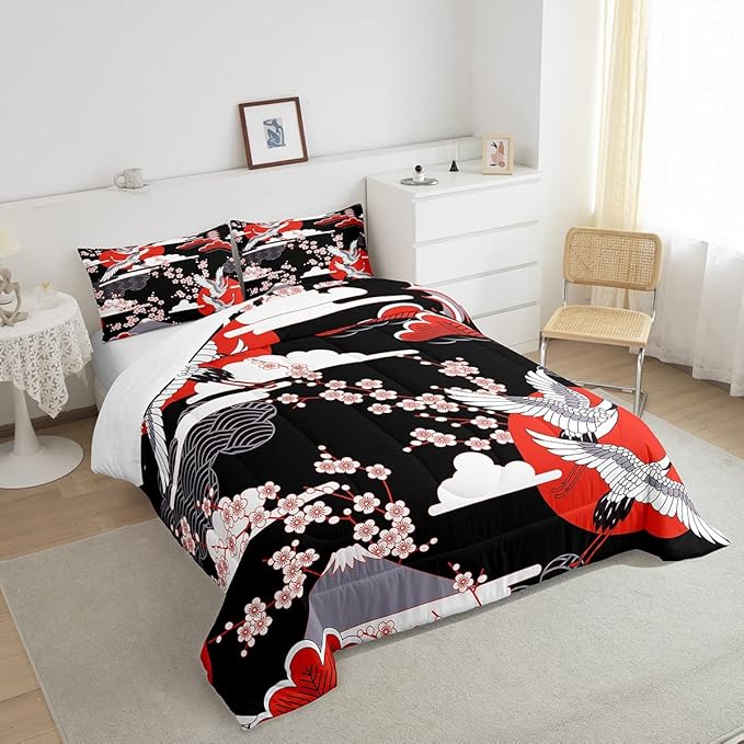 Japanese-Style Comforter Set Queen Size Crane Printed Cherry Blossoms Decor Down Comforter, for Adult Women Girls Teens Japanese Traditional Pattern Quilted Duvet Ukiyoe Theme Bedding Comforter