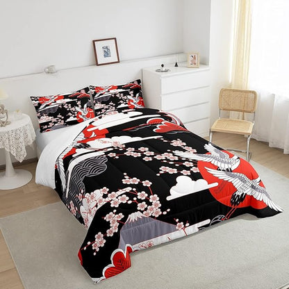 Japanese-Style Comforter Set Queen Size Crane Printed Cherry Blossoms Decor Down Comforter, for Adult Women Girls Teens Japanese Traditional Pattern Quilted Duvet Ukiyoe Theme Bedding Comforter