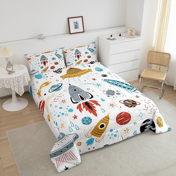 Erosebridal Outer Space Bedding Set Queen Size Kids Boys Space Ship Rocket Comforter Set Cartoon Universe Stars Planet Down Comforter Cosmos Meteorite Quilt Duvet Set with 2 Pillow Cases