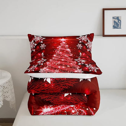 Feelyou Christmas Tree Comforter Set for Children Kids Boys Girls Luxury Chic Xmas Theme Bedding Set Glitter Snowflake Star Comforter Microfiber Red Duvet Set Room Decor Quilt Set Queen Size