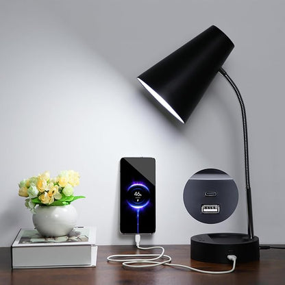 RUNTOP Desk Lamp, Black Desk Lamps for Home Office, LED Desk Light with USB Port and Type C Port, 5 Brightness Levels, 5 Color Temperatures, Flexible Gooseneck Desk Lamp, Table Lamp for Reading Study