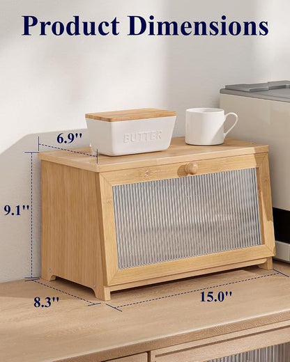Kitsure Wooden Bread Box for Kitchen Countertop, 1-Tier, Bamboo | Large Capacity Kitchen Countertop Organizer, Stylish Bread Storage with Window, Multi-functional Container