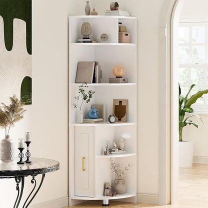 Corner Shelf 6-Tier Corner Bookcase with Drawer, Tall Corner Bookshelf Freestanding White Corner Cabinet Corner Shelves Stand for Wall Corner, Living Room, Home Office, Bedroom, Display Shelf