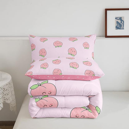 Cartoon Comforter Set Twin Size Pink Peach Bedding Set Kid Kawaii Down Comforter Girl Lovely Peach Duvet Set Cute Fruits Comforter Tropical Plant Bedding Reversible Soft Lightweight Room Decor