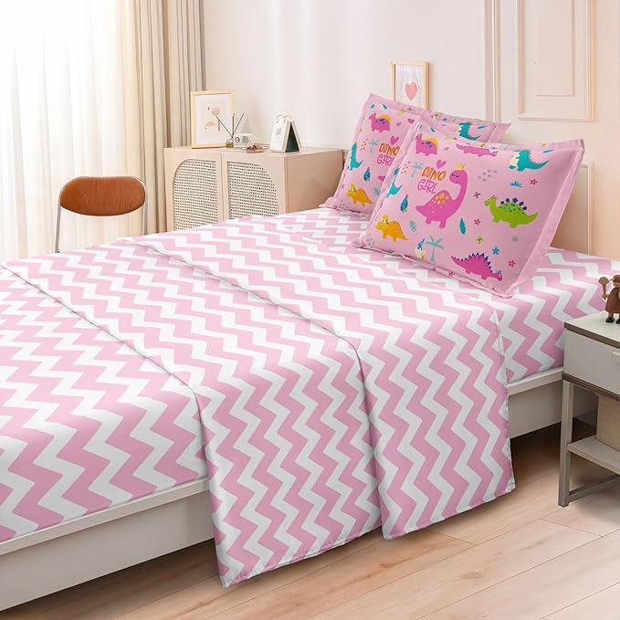 Girls Dinosaur Bedding Twin Green Pink Dinosaur Comforter Set, Cute Cartoon Down Comforter for Little Girls Teens Kids Adults Room Decor, Reversible Bed-in-a-Bag 5-Piece Bed Sets