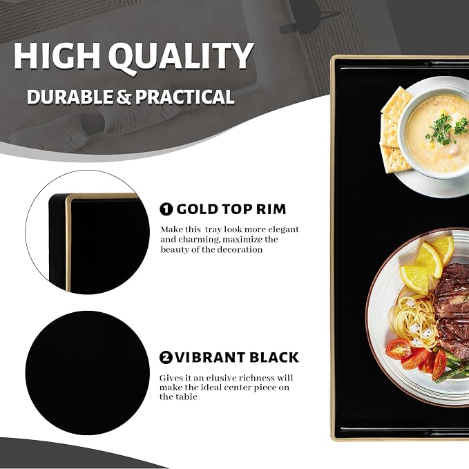 MAONAME Black Decorative Tray for Coffee Table, Serving Tray with Handles | Plastic Melamine Tray, Modern Ottoman Tray, Rectangular Countertop Organizer Tray for Living Room, 15.8"L x 10.2"W x 1.4"H