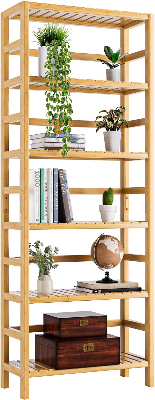 Bamboo Shelf, 6-Tier Adjustable Tall Open Bookcase, Bathroom Storage Rack Freestanding Shelving Unit, Plant Display Stand for Small Space, Natural