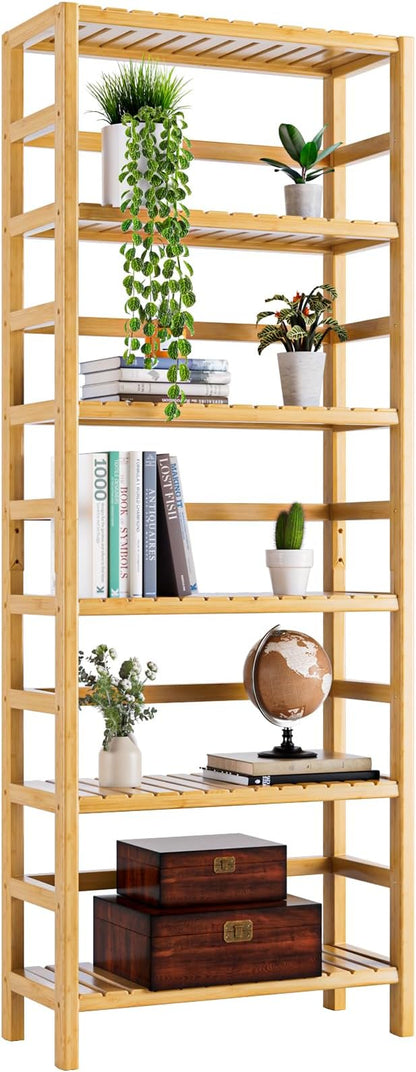 Bamboo Shelf, 6-Tier Adjustable Tall Open Bookcase, Bathroom Storage Rack Freestanding Shelving Unit, Plant Display Stand for Small Space, Natural