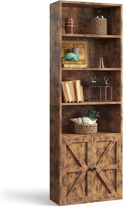 oneinmil 6 Tier Bookcase, Wooden Bookshelves with Cabinet Doors, Floor Bookshelf and Office Storage Cabinets for Home Office, Living Room,Brown