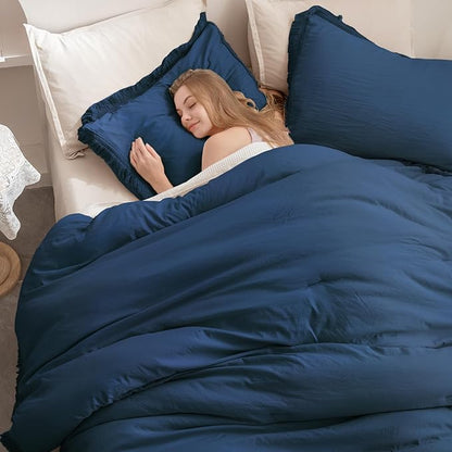 Andency Navy Blue Comforter King Size, 3 Pieces Boho Tassel Lightweight Bedding Comforter Sets for King Bed, All Season Soft Fluffy Fringe Bed Set (104x90In Comforter & 2 Pillowcases)