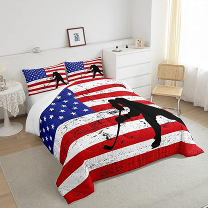Erosebridal American Flag Comforter Set Twin, Hockey Bedding Set United States Sports Games Down Comforter for Kids Boys Teens Bedroom, Red White Geometric Stripes Duvet Sets with 1 Pillowcase