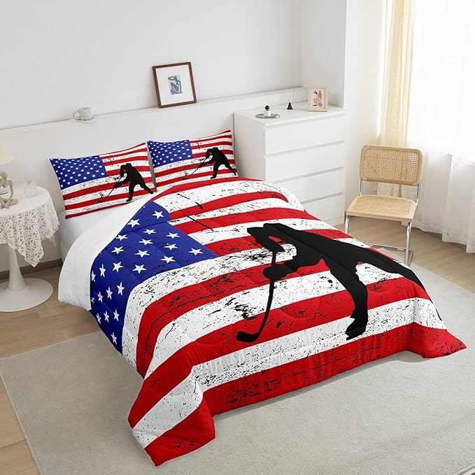 Erosebridal American Flag Comforter Set King, Hockey Bedding Set United States Sports Games Down Comforter for Kids Boys Teens Bedroom, Red White Geometric Stripes Duvet Sets with 2 Pillowcases