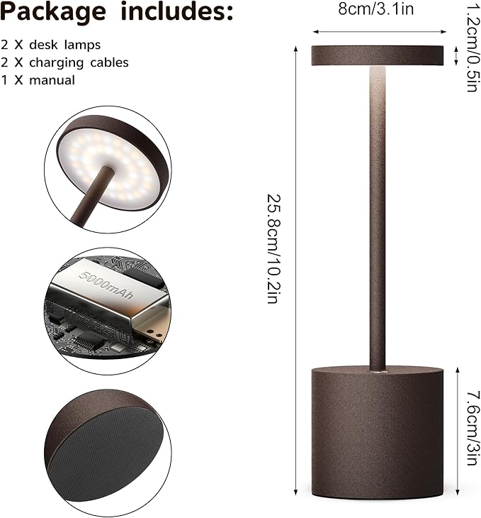2Pack Cordless Table Lamp, Rechargeable LED Battery 5000mAh Metal USB Portable Powered Desk Lamp, 3 Levels Brightness Light for Restaurants Outdoor (2pack 10.25in ferrugino)