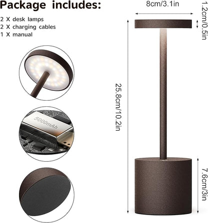 2Pack Cordless Table Lamp, Rechargeable LED Battery 5000mAh Metal USB Portable Powered Desk Lamp, 3 Levels Brightness Light for Restaurants Outdoor (2pack 10.25in ferrugino)