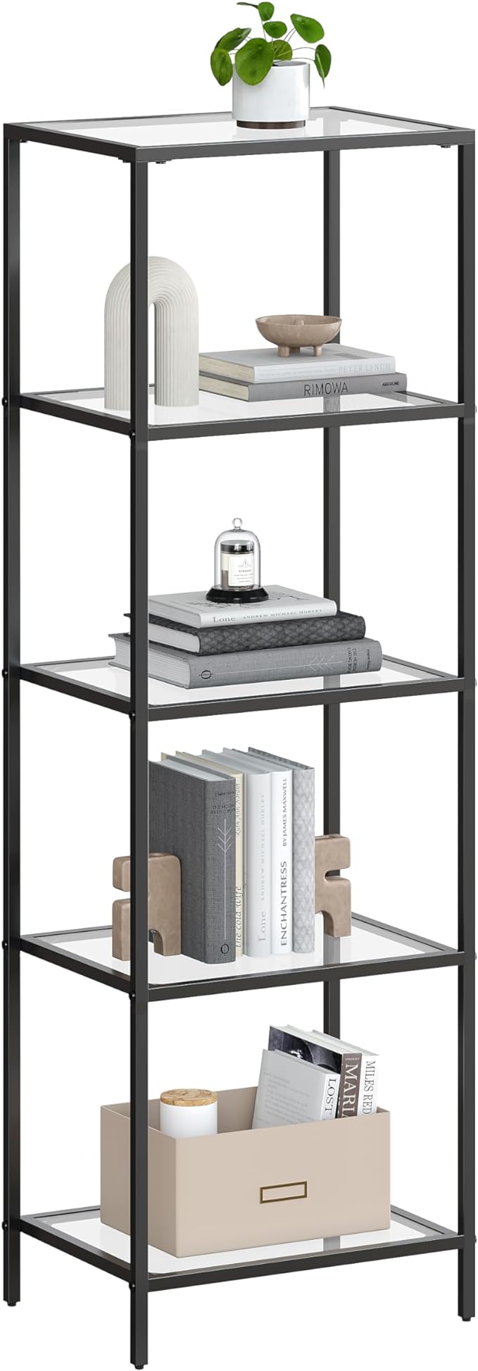 VASAGLE Bookcase, 5-Tier Bookshelf, Slim Shelving Unit for Bedroom, Bathroom, Home Office, Tempered Glass, Steel Frame, Ink Black ULGT029B61