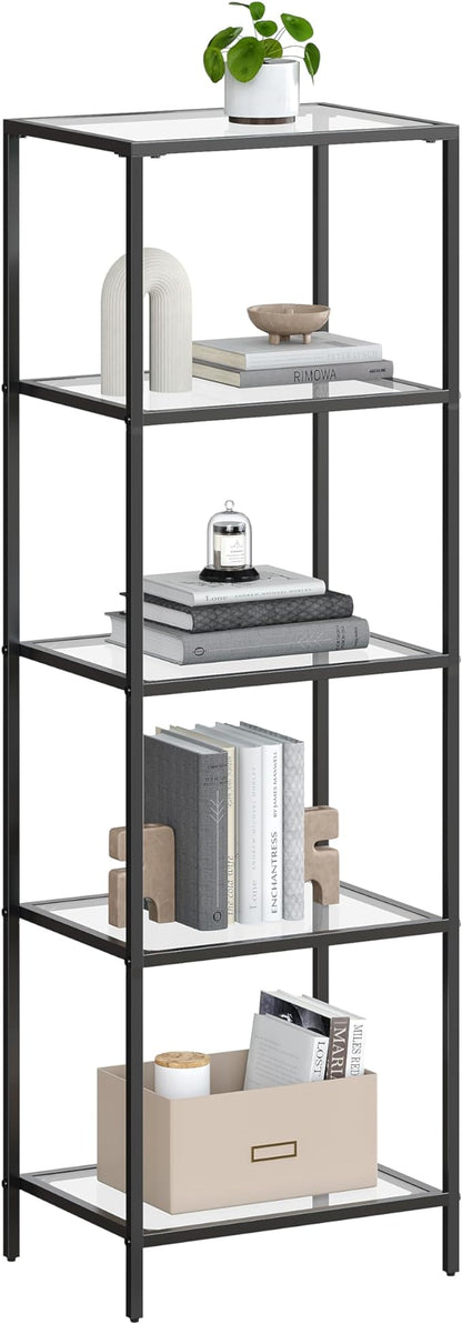 VASAGLE Bookcase, 5-Tier Bookshelf, Slim Shelving Unit for Bedroom, Bathroom, Home Office, Tempered Glass, Steel Frame, Ink Black ULGT029B61