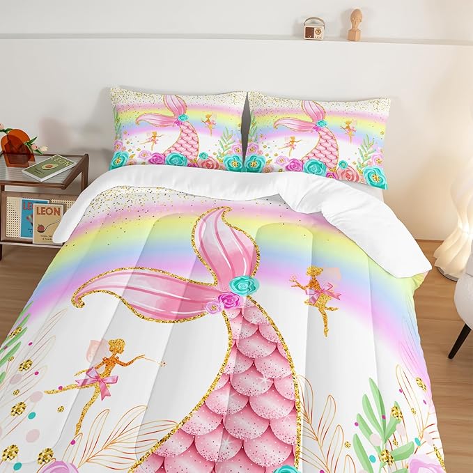 HOSIMA Mermaid Comforter with 2 Pillowcases,Girly Rainbow Bedding Set Glitter Pink Mermaid Tail Twin Comforter Set,Flower Fairies Rose Gold Comforter Set,Floral Comforter for Girls Teens Bedroom.