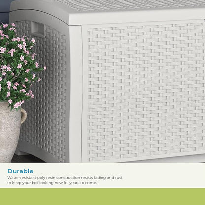 Suncast 99 Gallon Wicker Horizontal Outdoor Deck Box with Hinged Lid, Water-Resistant Storage Solution for Patio, Deck, Yard, and Garage, White, Made in the USA
