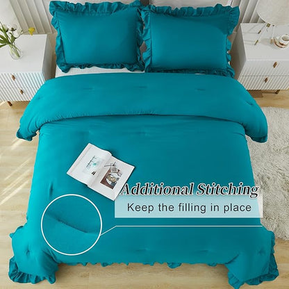 Andency California King Comforter Set Turquoise (104x96Inch), 3 Pieces Cal King Ruffle Comforter, Oversized Farmhouse Shabby Chic Bed Comforter, Lightweight and Soft Microfiber Bedding Set
