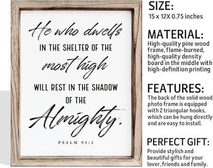 Christian Wooden Wall Sign, Inspirational Home Decor for Living Room, Wall Decor Art, Framed Wood Plaque Sign 15 * 11.5 inches, He Who Dwells in the Shelter of the Most High