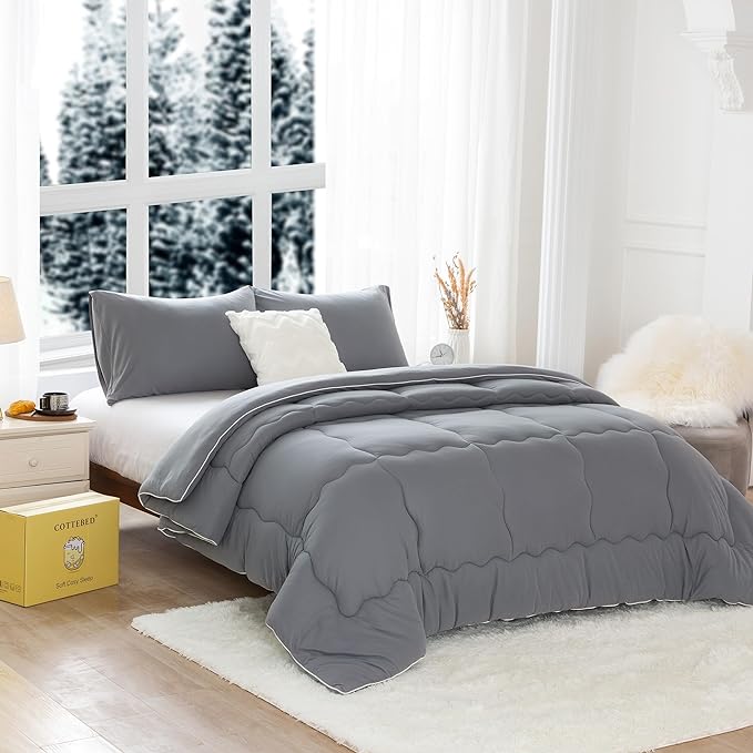 COTTEBED Warm Softness Twin Comforters Sets for Girls Kids College Dorm, Thick Breathable Fluffy Cozy Comfy Bed Down Comforter & Pillowsham Winter, Twin/Twin XL Dark Gray